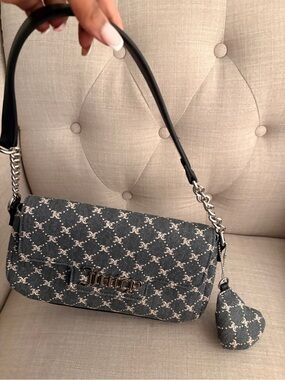 Juicy Couture Black Monogram Canvas Shoulder Bag with Chain Strap
